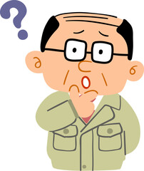疑問を感じる作業着の中年男性の上半身
