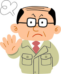 拒否の仕草を示す作業着の中年男性の上半身
