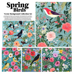 Spring flowers and birds vector illustration set. Floral background for your design.