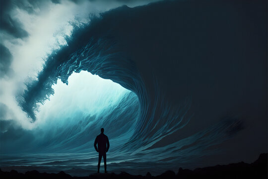 Silhouette on giant wave background. Storm, problem metaphor.