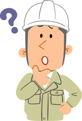 疑問を感じる、作業着を着てヘルメットを被った若い男性の上半身
