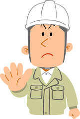 拒否の仕草を示す、作業着を着てヘルメットを被った若い男性の上半身
