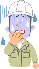 青ざめた顔色の、作業着を着てヘルメットを被った若い男性の上半身
