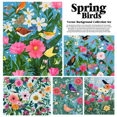 Spring flowers and birds vector illustration set. Floral background for your design.