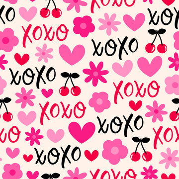 Cute hand drawn cherry, flower, heart and word "XOXO" seamless pattern design for valentine's day.