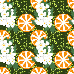 Seamless pattern with citrus slices and blooming lemon tree