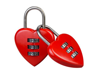 Abstract,  front view straight two red heart together combination lock, Symbol valentine, happy, unhappy. Metal padlock. Material for creative idea love concept. Isolated background transparent.
