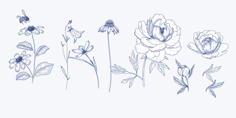 Luxury Navy blue flower elements vector decorate wall art