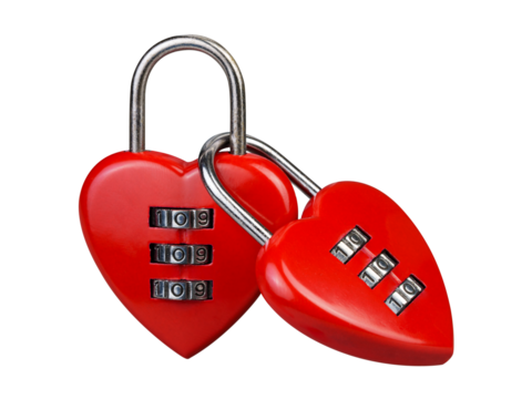 Abstract, front view straight two red heart together combination lock, Symbol valentine, happy, unhappy. Metal padlock. Material for creative idea love concept. Isolated background transparent. - Powered by Adobe