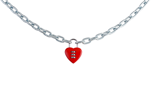 Abstract, red heart shaped combination lock, Symbol valentine and happy or unhappy, chain padlock password code. Material creative idea photo love concept. Isolated white background with transparent.
