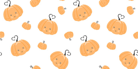 Obraz premium Ripe pumpkin with a cute face and a heart-shaped stem on a white background. Endless texture with kawaii vegetable character. Vector seamless pattern for country fair, farm market, food store or print
