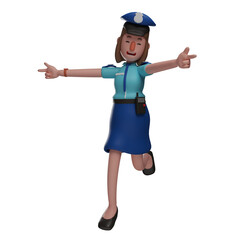3D illustration. 3D Cartoon Police Woman with funny pose. with both hands stretched out to the sides. showing a funny facial expression. 3D Cartoon Character