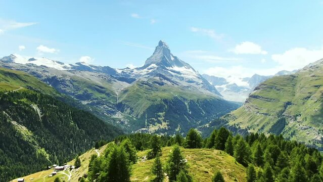 Drone Switzerland 4k. Matterhorn mountain in Swiss Alps. summer tourism destination for hike, outdoors.