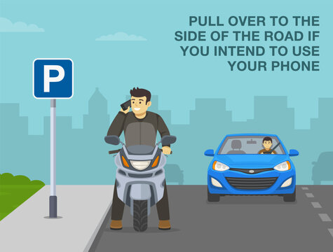 Safe motorcycle riding tips and rules. Pull over to the side of the road if you intend to use mobile phone. Happy moto rider standing and talking on the phone. Front view. Flat vector illustration.