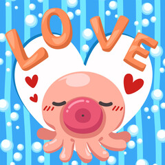 cute octopus in love cartoon character background vector illustration