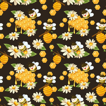 seamless pattern bee and honeycomp in cartoon characters