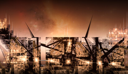 Abstract fractal art which represents sci-fi buildings under an apocalyptic red sky
