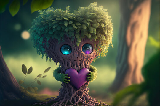 Cute little tree creature holding a heart. Valentines day concept. Generative AI
