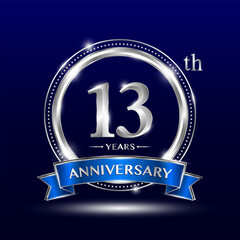 13th Anniversary logo with retro style, silver color ring design and blue ribbon for anniversary celebration event. Logo Vector Template Illustration