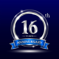 16th Anniversary logo with retro style, silver color ring design and blue ribbon for anniversary celebration event. Logo Vector Template Illustration