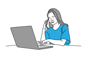 Flat character girl phone call and laptop use line art vector design white background
