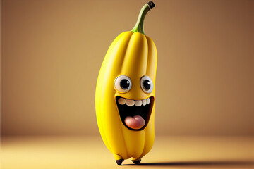 Happy Banana, mascot, Funny cute smiling banana  3D. Generative AI. - obrazy, fototapety, plakaty