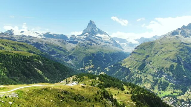 Drone Switzerland 4k. Matterhorn mountain in Swiss Alps. summer tourism destination for hike, outdoors.