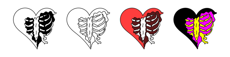 Heart with sternum. Chest bone. Gothic design, heart for Valentine's Day or Halloween. Hand drawing illustration vector isolated on white background. 