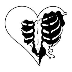 Heart with sternum. Chest bone. Gothic design, heart for Valentine's Day or Halloween. Hand drawing illustration vector isolated on white background. 