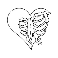 Heart with sternum. Chest bone. Gothic design, heart for Valentine's Day or Halloween. Hand drawing illustration vector isolated on white background. 
