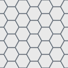 White glossy ceramic hexagon tiles seamless pattern. Modern home interior, bathroom and kitchen wall texture. Vector white shiny metal embossed hexagon wall background.