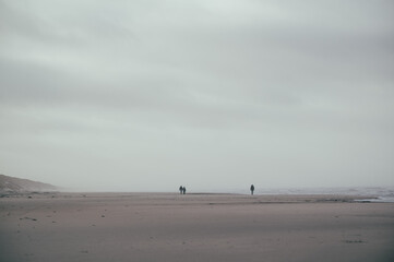 Fototapeta na wymiar eine einzige kleine Menschengruppe am stürmischen weitläufigen Strand in Dänemark