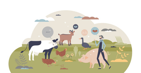 Animal welfare and good behavior with respect and care tiny person concept, transparent background. Veterinarian love and support for domestic pets, livestock, cow, pig or birds illustration.
