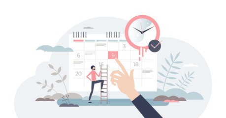 Appointment plan and calendar meeting time reminder note tiny person concept, transparent background. Schedule deadline for business event illustration. Efficient agenda management.