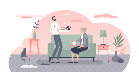 Elderly home care with hired professional social worker for senior support tiny person concept, transparent background. Pensioner house with help and assistance service employee illustration.