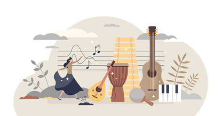 Ethnomusicology music study or ethnic folklore research tiny person concept, transparent background. Songs and instruments learning from social and cultural contexts illustration.