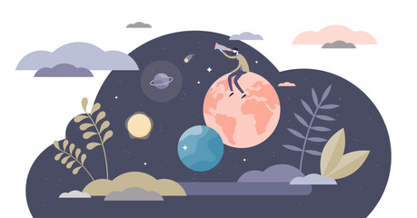 Exploring life illustration, transparent background. Research lifestyle flat tiny person concept. Discover new exciting adventure or journey. Recreational planet or universe investigation.
