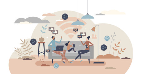 Family using internet at home while sitting on couch, tiny person concept, transparent background. Spending time online together indoors. Mother, father and kid with mobile gadgets.