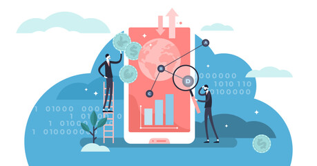 Fintech illustration, transparent background. Flat tiny financial technology person concept. Cyberspace banking method with smartphones for mobile banking, investing services and cryptocurrency.