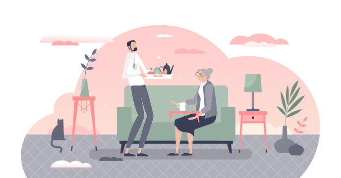 Elderly Home Care With Hired Professional Social Worker For Senior Support Tiny Person Concept, Transparent Background. Pensioner House With Help And Assistance Service Employee Illustration.