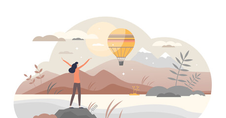 Inspiration or motivation scene with beautiful nature tiny person concept, transparent background. Future vision with positive and happy attitude or freedom feeling illustration. © VectorMine