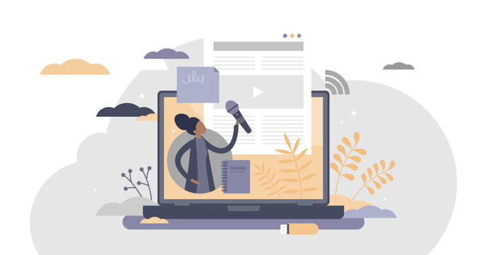 Journalism occupation with press media interview flat tiny persons concept, transparent background. News reportage with information reflection as professional work.