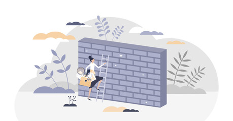 Overcoming obstacles or problem with business persistence tiny person concept, transparent background. Female leader reaching over wall as going forward despite barriers illustration.