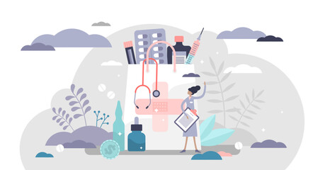 Pharmacy business with medical drug pills for disease tiny persons concept, transparent background. Healthcare industry as prescription, vaccines and capsule producer illustration.