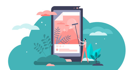 Posting illustration, transparent background.News publication scene in flat tiny persons concept.Social media banners display as glued retro poster pillar.