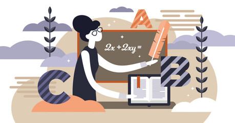 School teacher occupation illustration, transparent background.Flat tiny study learning person concept.Abstract knowledge class with blackboard and ABC.