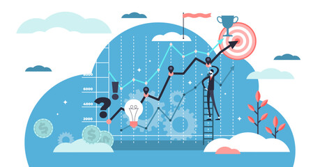 Fototapeta na wymiar Strategy illustration, transparent background. Flat tiny development planning person concept. Work finance and profit right management for performance growth.