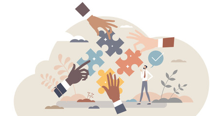 Team work solution and partnership puzzle work together tiny person concept, transparent background. Businessman cooperation for common goal and target illustration.