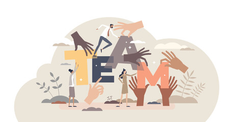 Teamwork hands as group holding team letters together tiny person concept, transparent background. Community partnership and cooperation for common goal and job illustration.