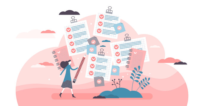 Task done Female illustration, transparent background. Time management flat tiny persons concept. Woman checklist with non specific targets and completed pass signs.